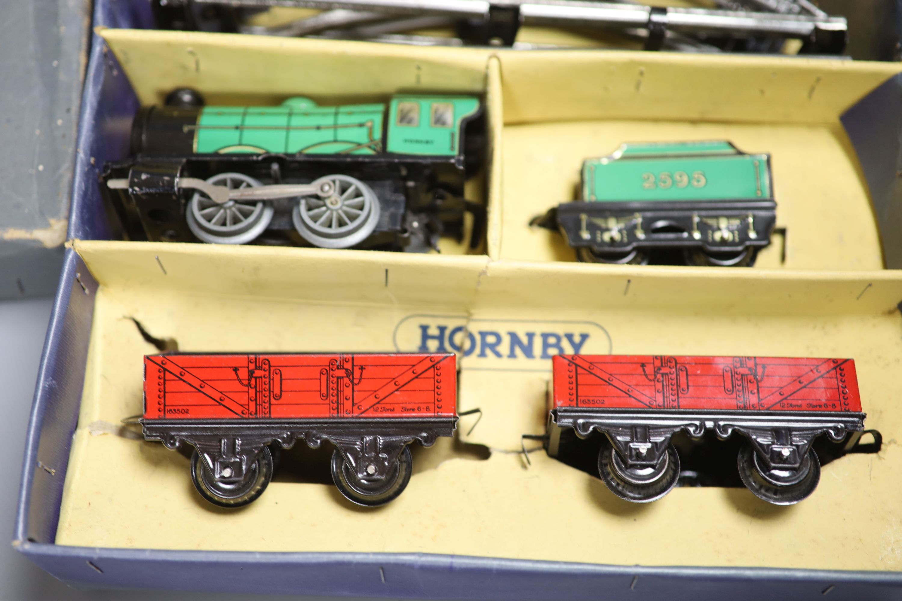 A boxed Hornby MO Goods tinplate train set, post war